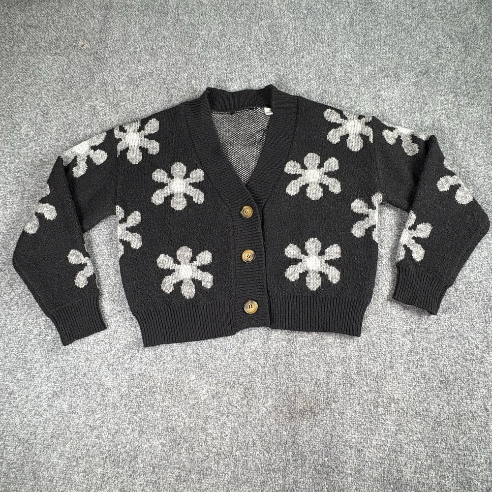 Tahari Cardigan Women M Black White Floral Crop Button Daisy Soft Grunge Retro